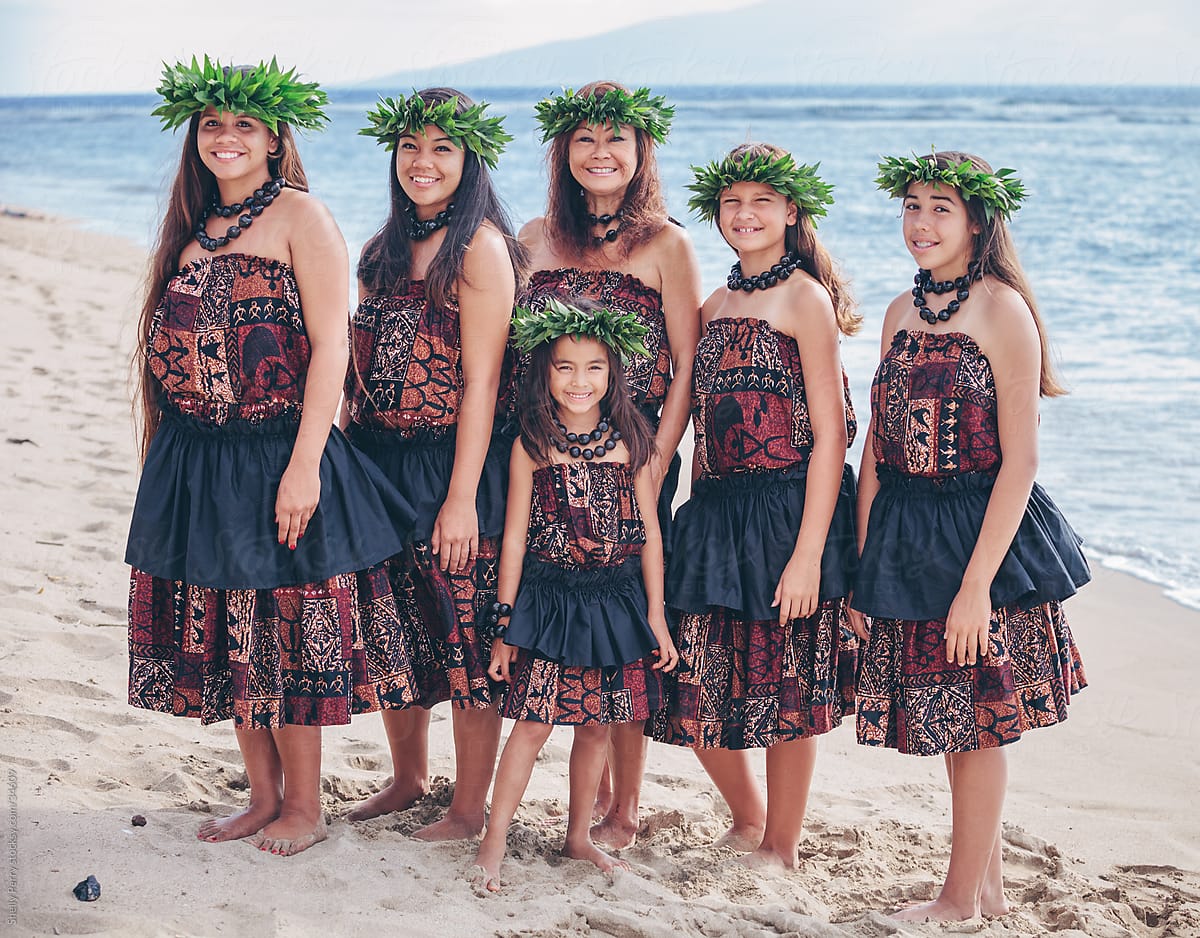 Group Portrait Of Traditional Hawaiian Hula Dancers Standing On The