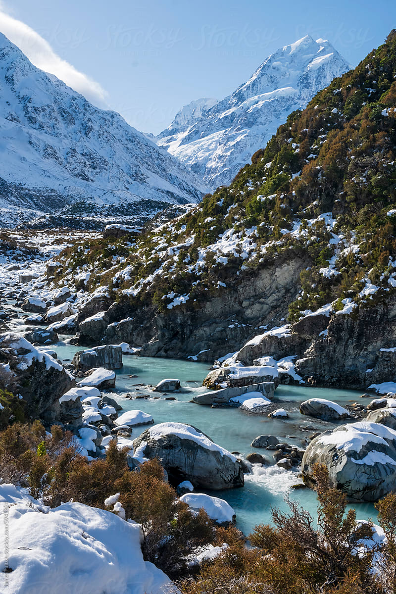 Glacial river with valley track and mountains covered in snow