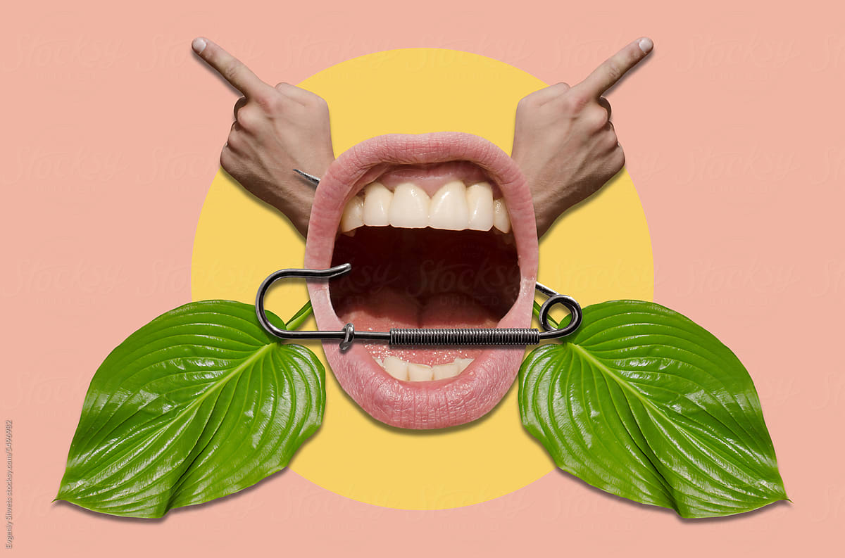 Collage with mouth, safety pin, hands and leaves