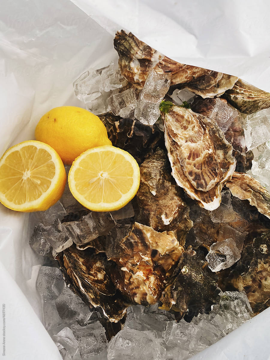 Oysters on ice with lemons