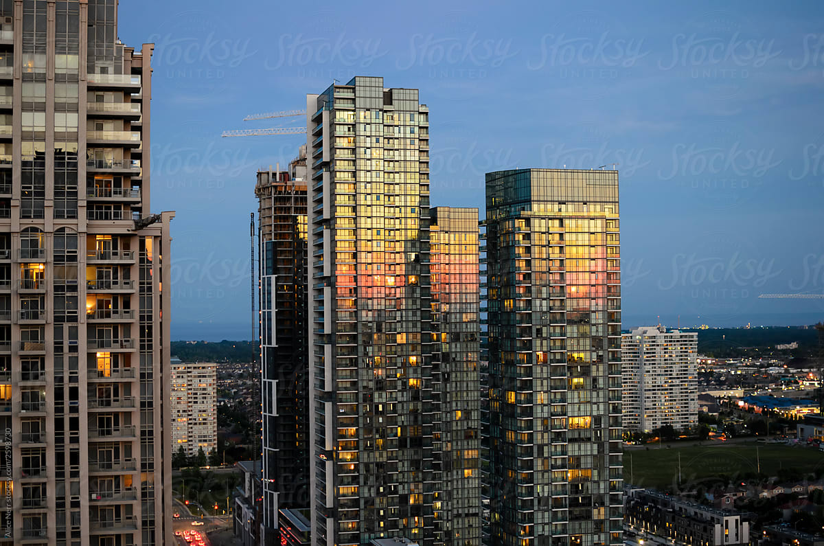View to skyscrapers at evening