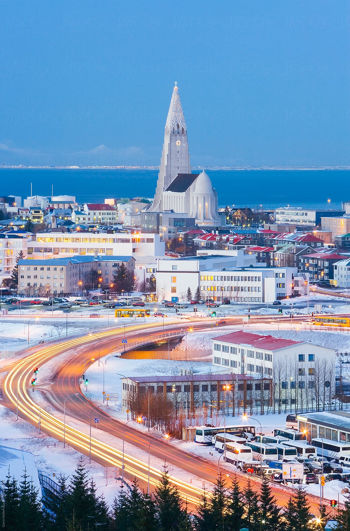 Iceland, Reykjavik, Elevated view of the city at dust