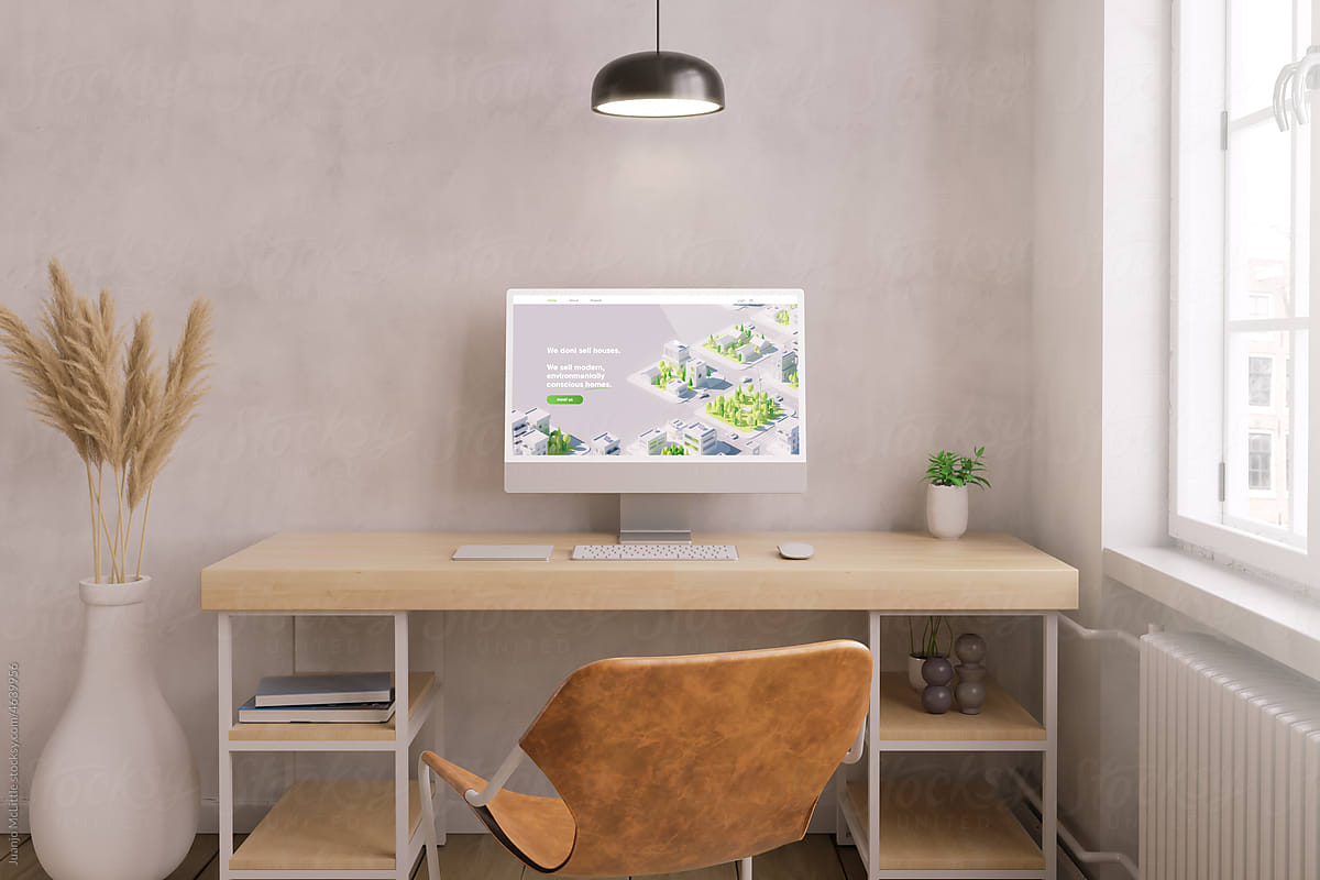 3D Minimal Desktop with real estate city website at home office