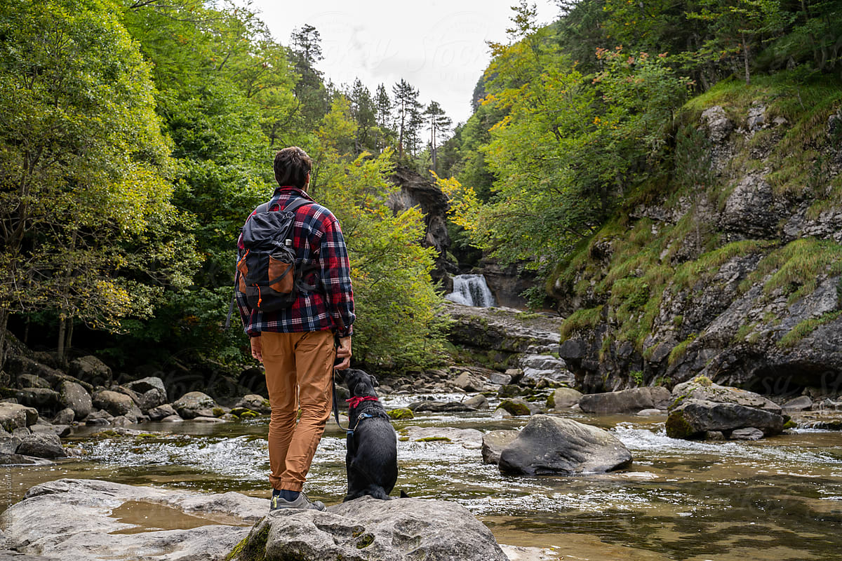 Hiker man with his dog looking at a waterfall
