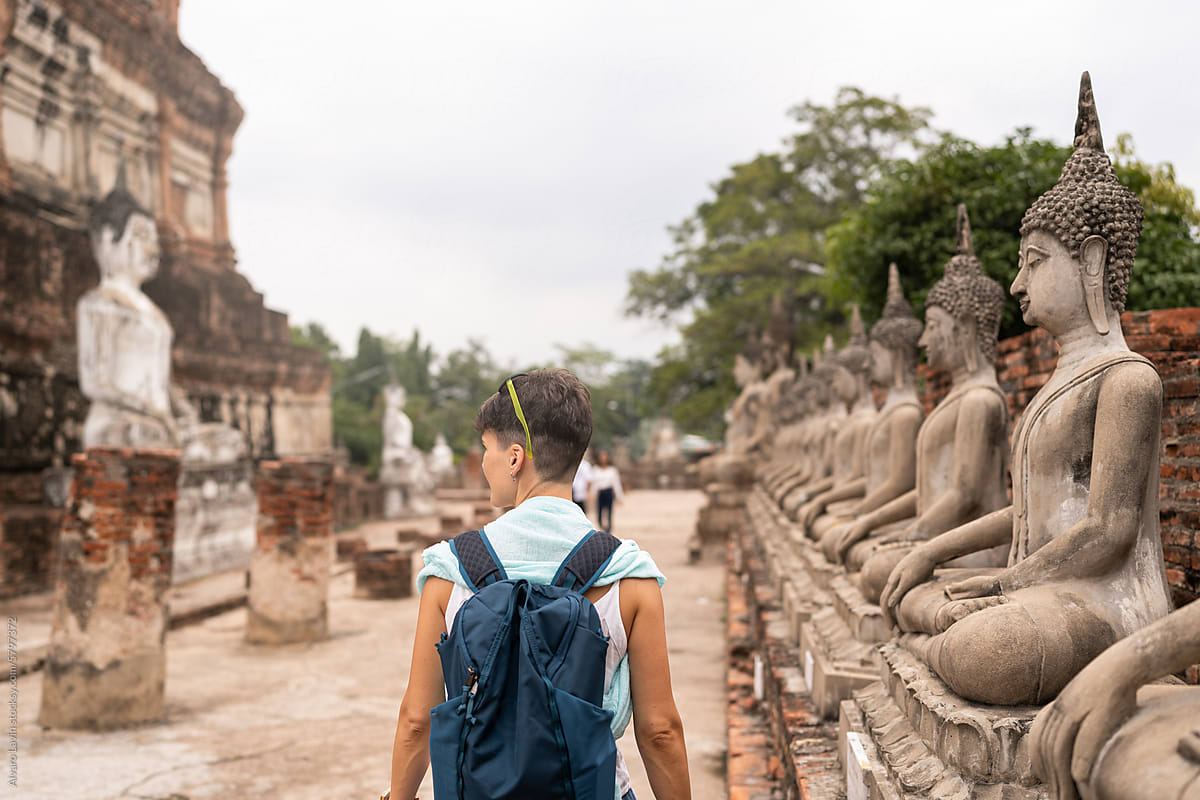 Tourist in buddhist temple at Ayutthaya.