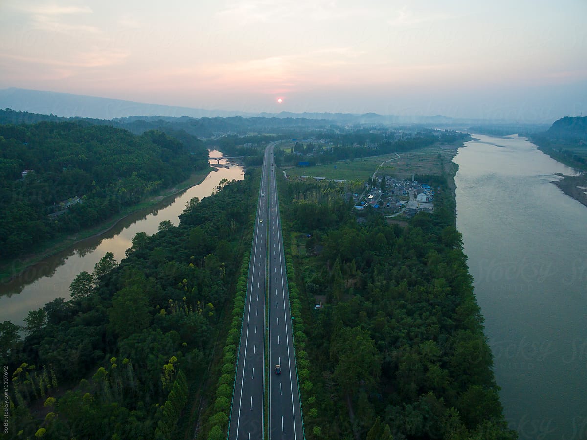 aerial view of highway near the river