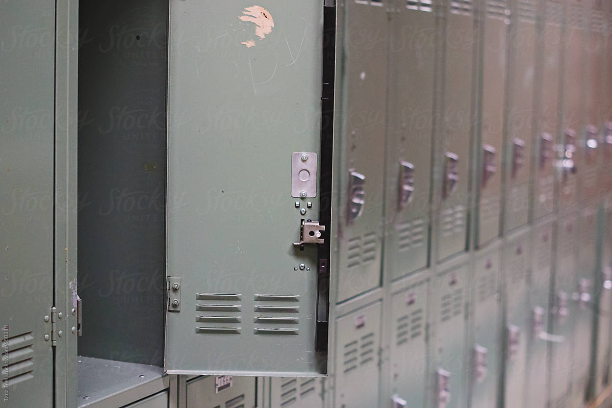 Locker door left open in school hallway