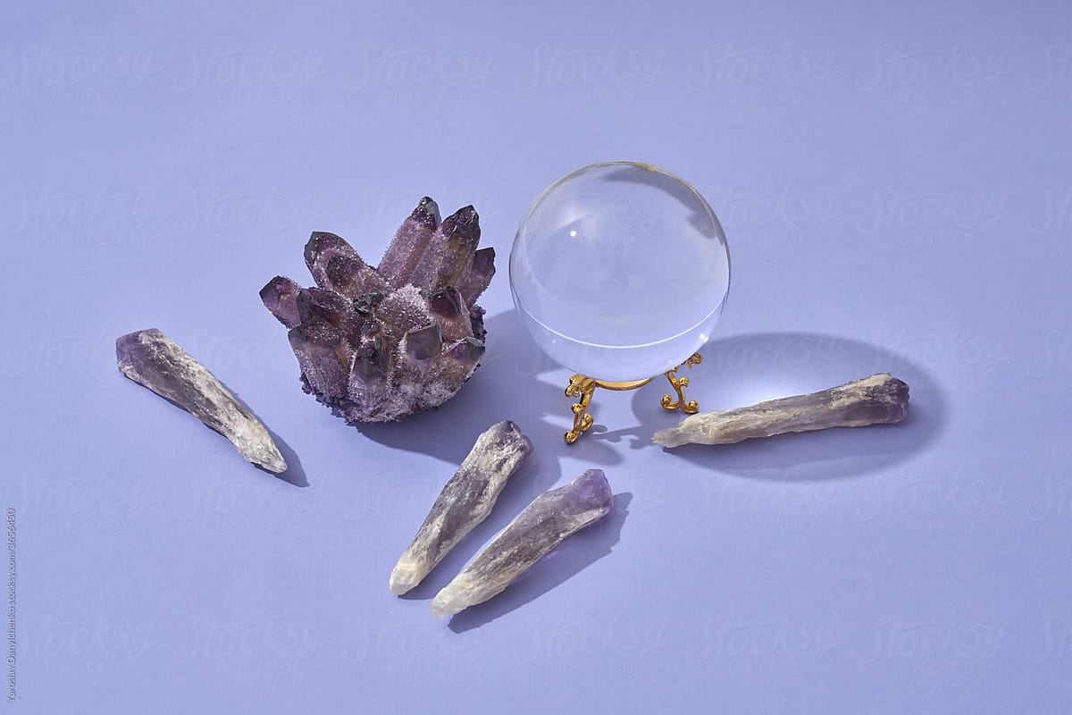 Crystal ball and magic amethyst crystals