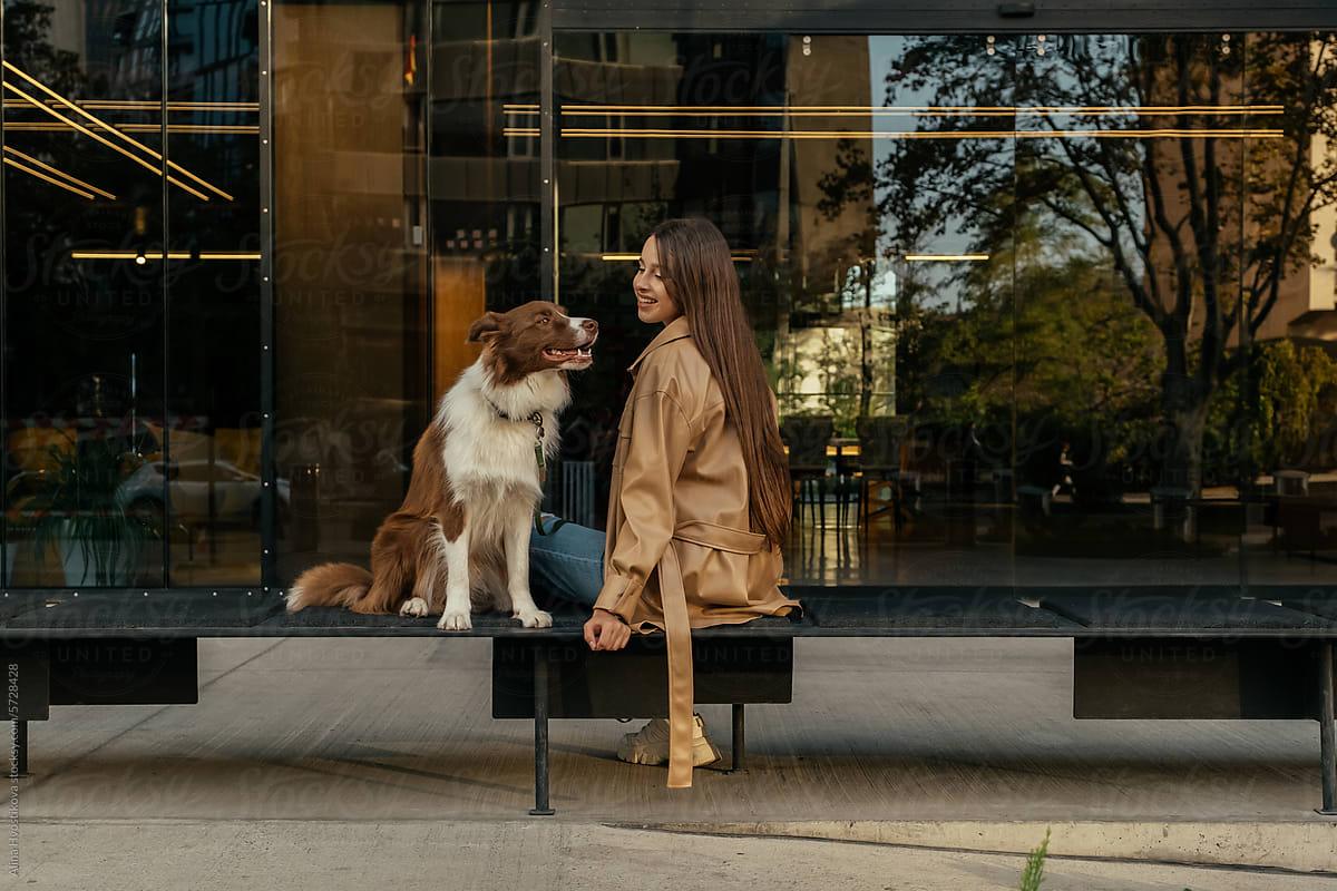 Happy woman with Border Collie dog sitting on bench in street