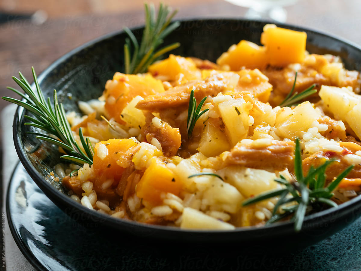 Risotto with Winter Squash, Vegan Protein and Pineapple