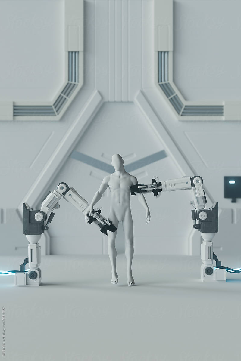 3D Render of Humanoid Figure with Interactive Robotic Arms