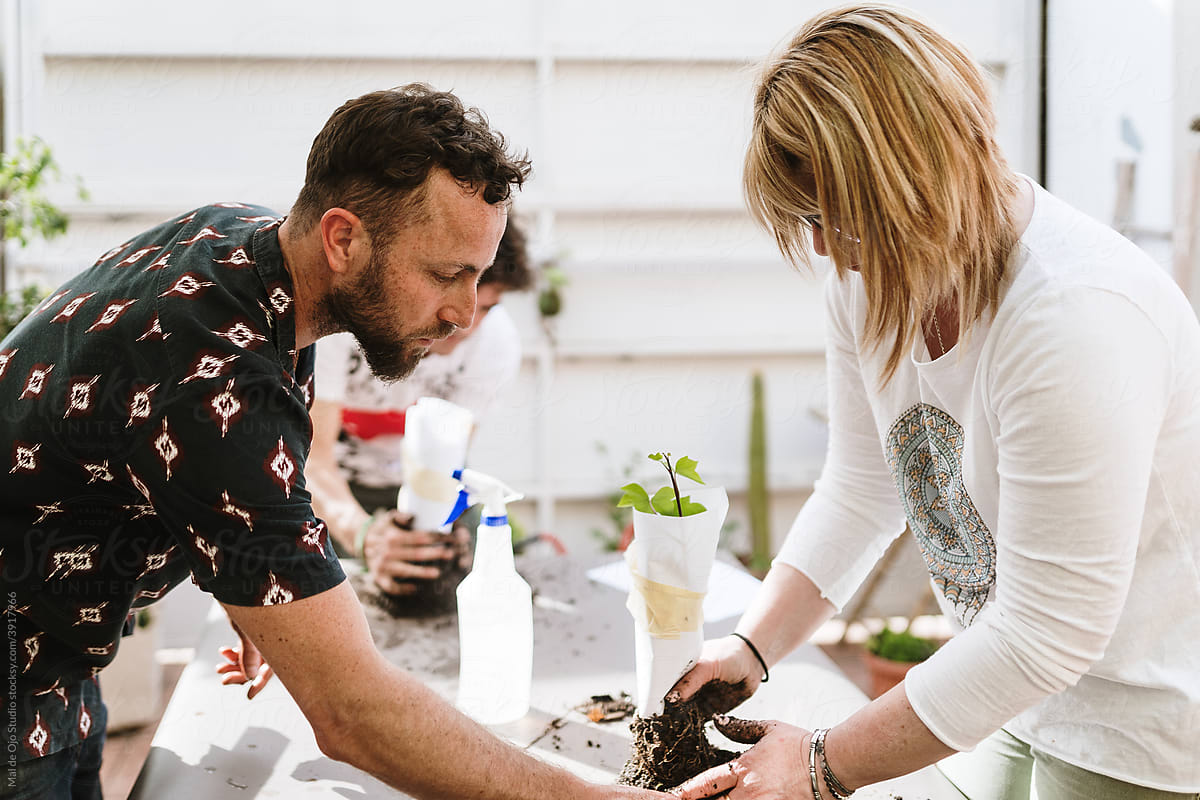 Couple with plants in gardening workshop