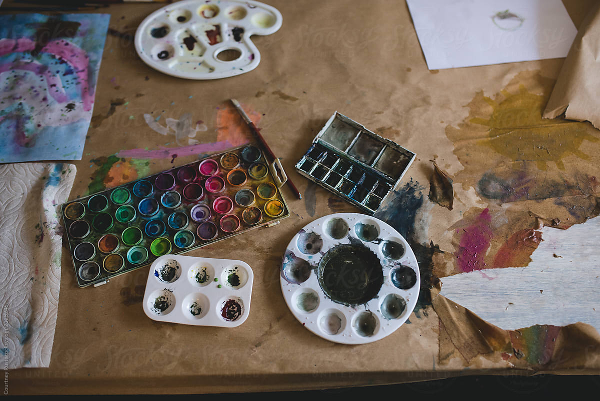 Watercolor supplies on a table