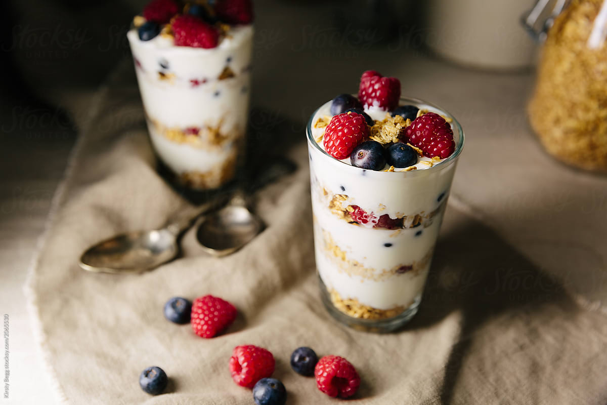 Yogurt, granola and berries for breakfast