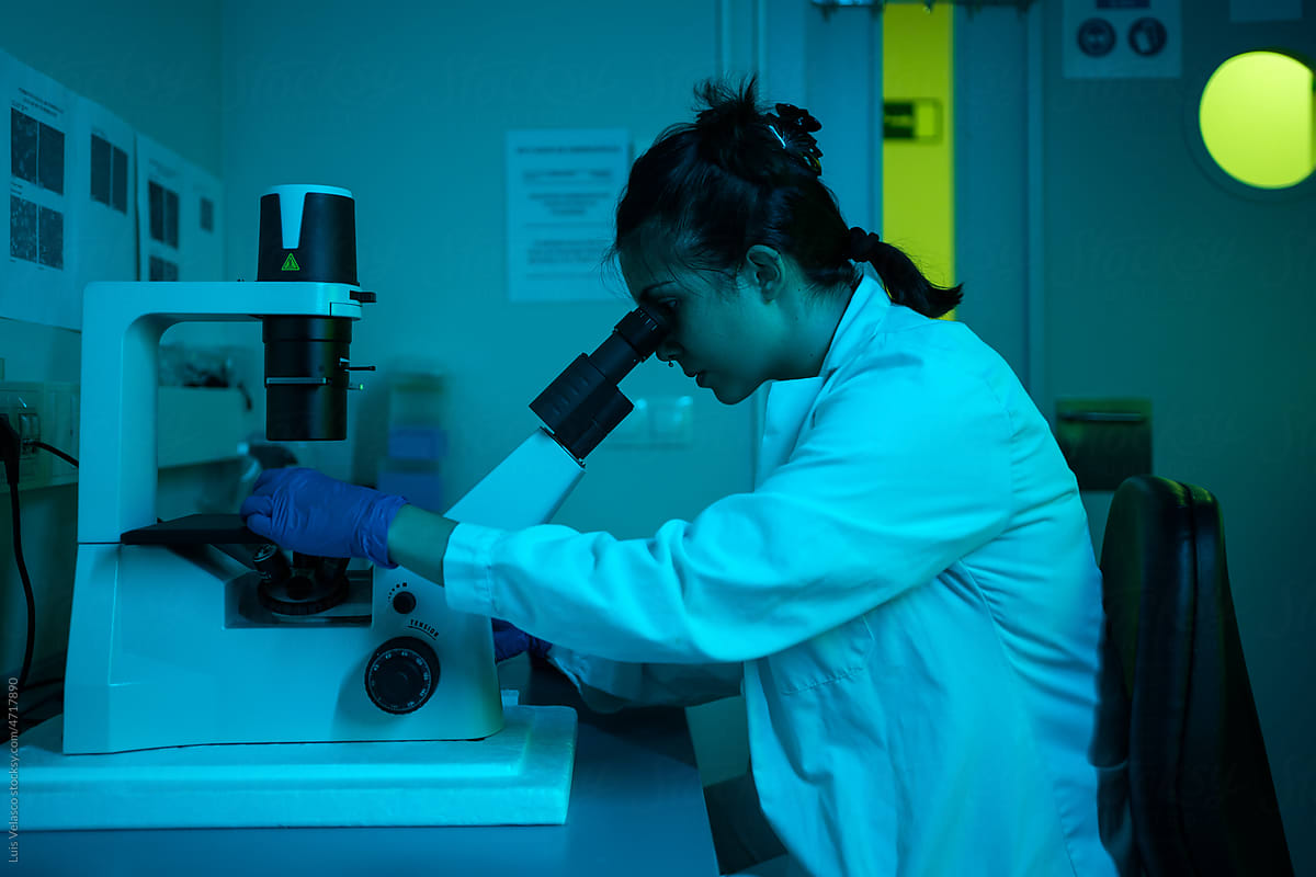 Scientist Woman Using A Microscope In A Blue Laboratory.