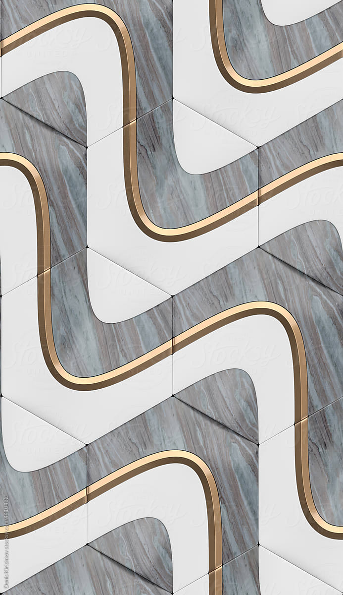 Marble stone, white matte and gold metal waves pattern.