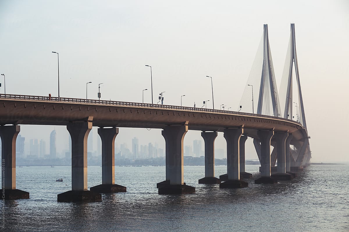 Cable bridge in the sea. Bandra Worli Sea Link - Rajiv Gandhi Sea Link, Mumbai, India