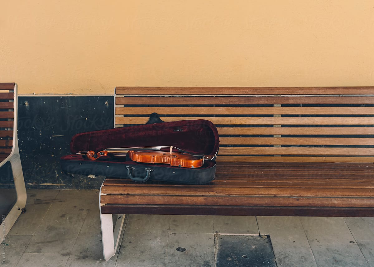 Violin in black case lying on bench