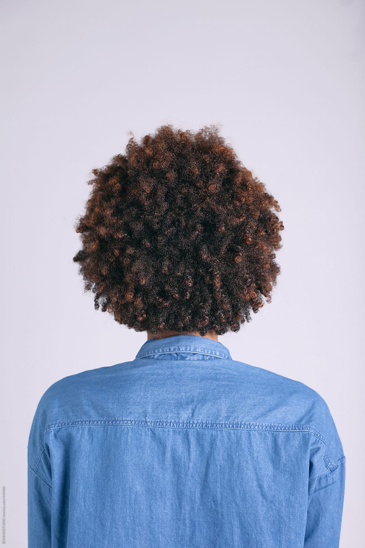 Back view of African American woman with brown curly hair.