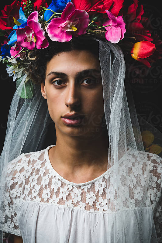 Feminine Boy with Veil and Flowers Crown, Studio Shot
