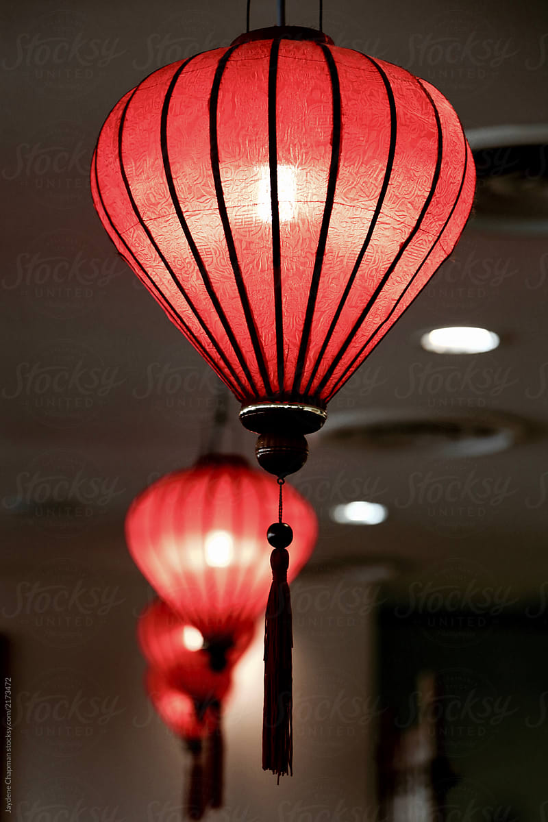 Red silk Chinese lanterns in a restaurant