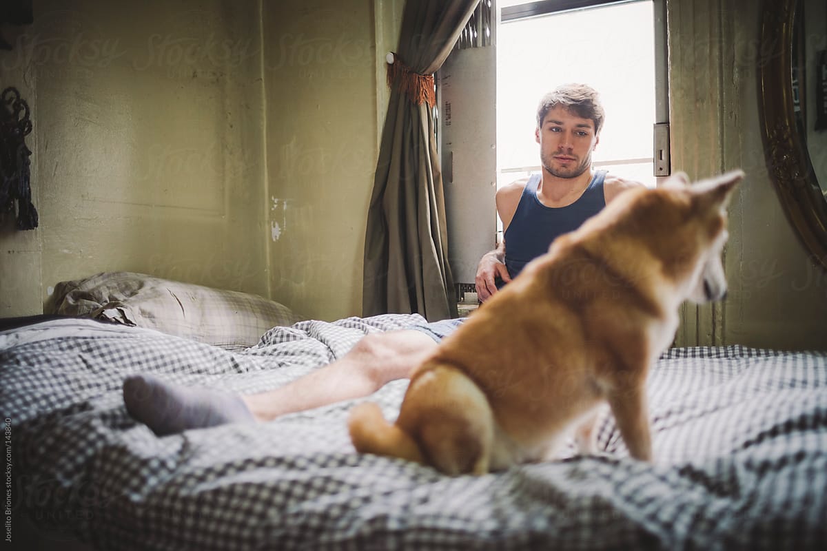 Man in Reflective Mood in Bed at Home with Pet Dog