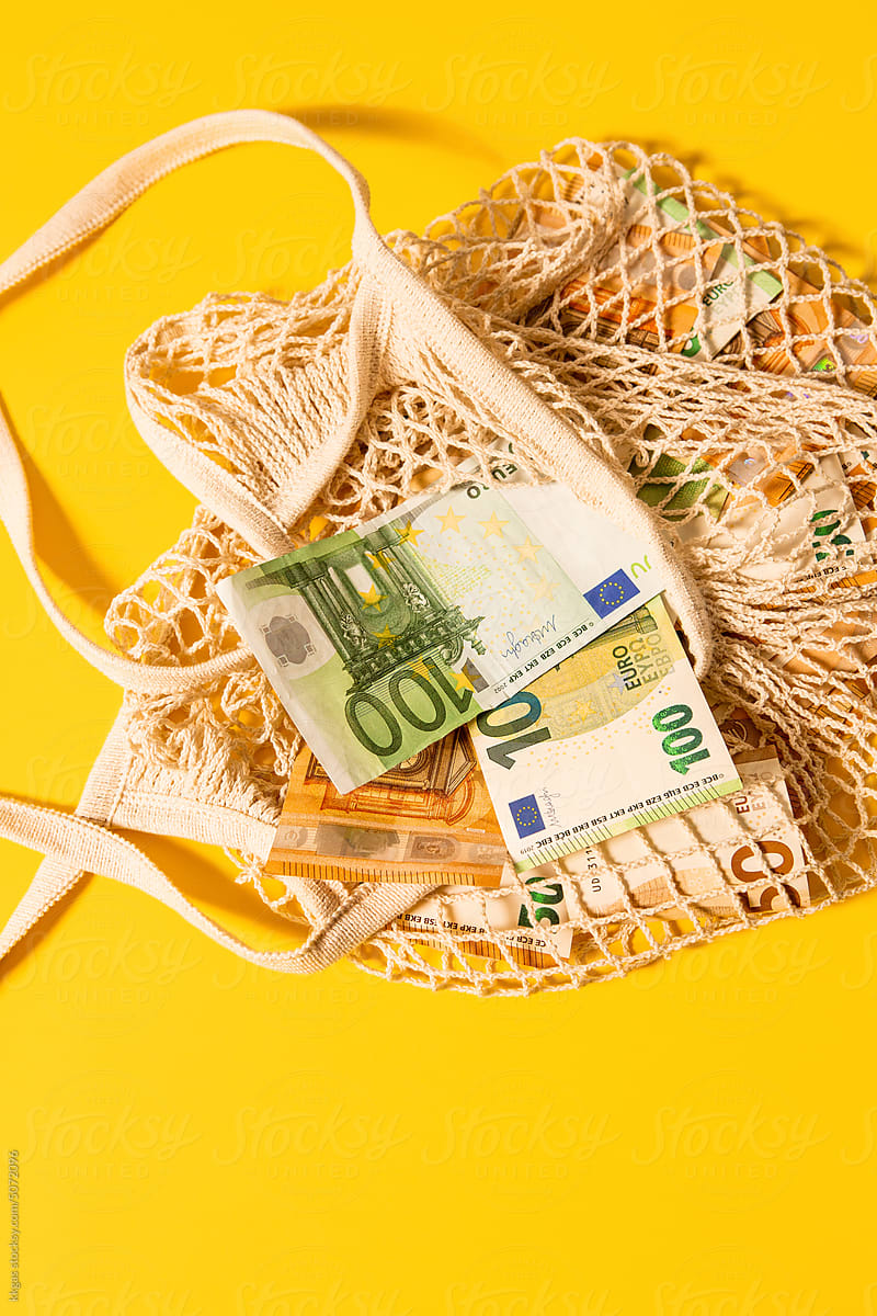 Euro notes inside string bag