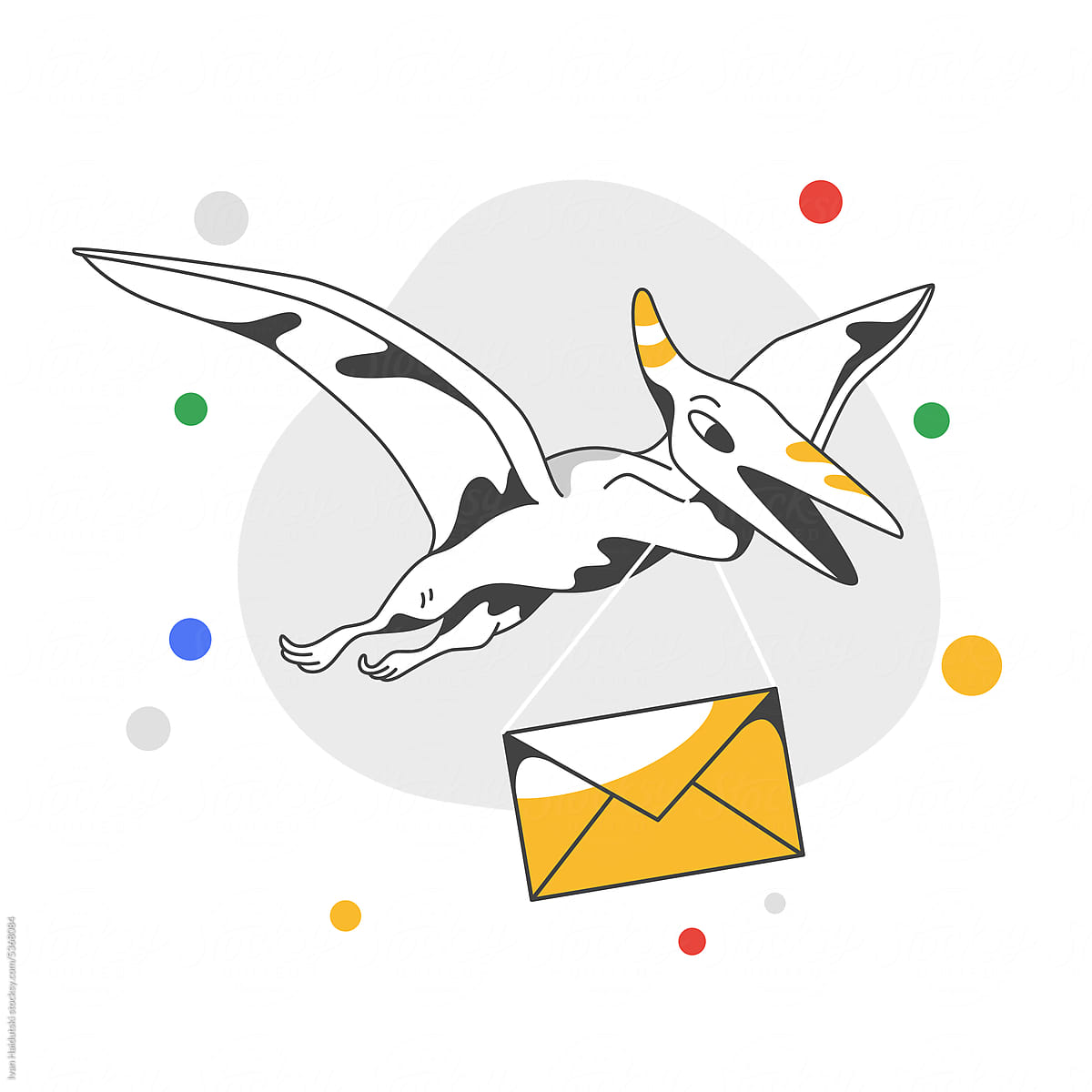 Pterosaur delivering mail post. Concept illustrations of messages.