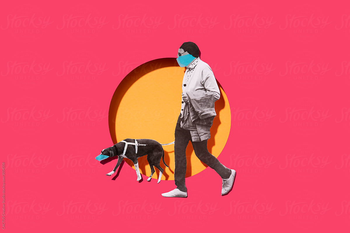Man walking with his dog wearing a mask for prevention a virus