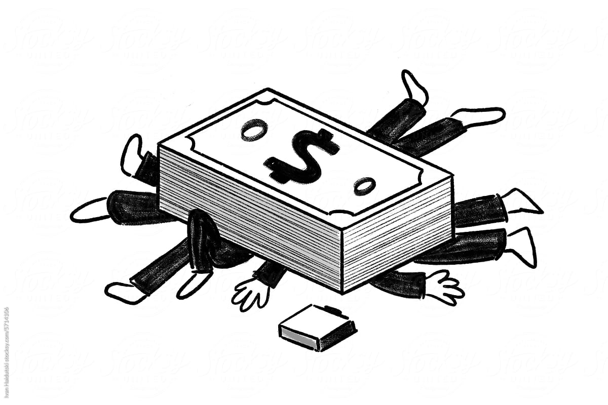 Businesspeople legs buried under US dollar bill, financial pressure