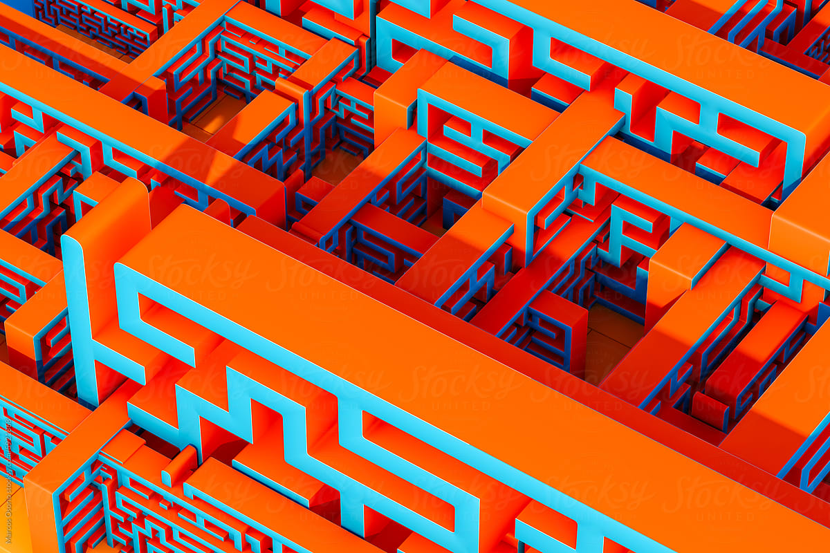 Abstract Maze Pattern in Vivid Orange and Blue