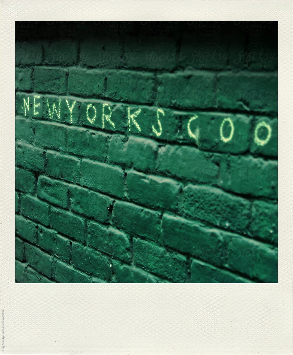 Old polaroid snapshot print of a green brick wall with New York\'s Cool written on it