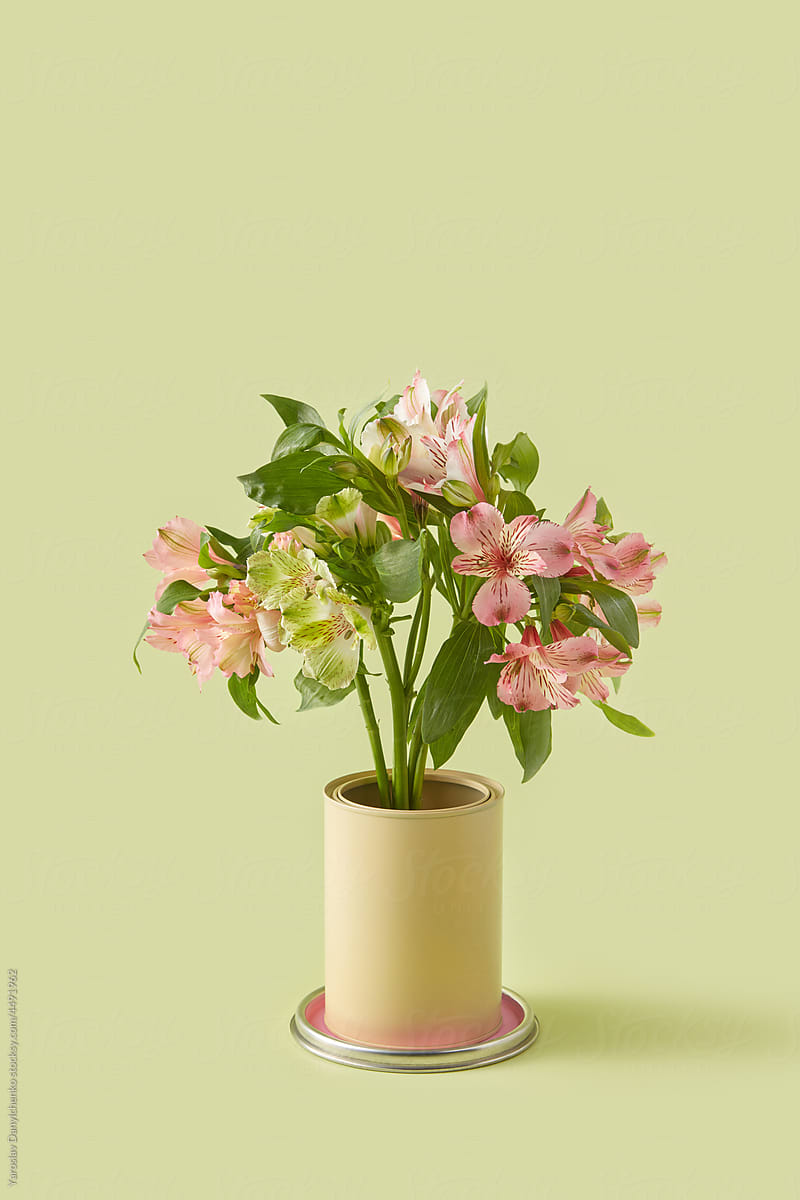 Beige tin can standing on lid with spring flowers inside