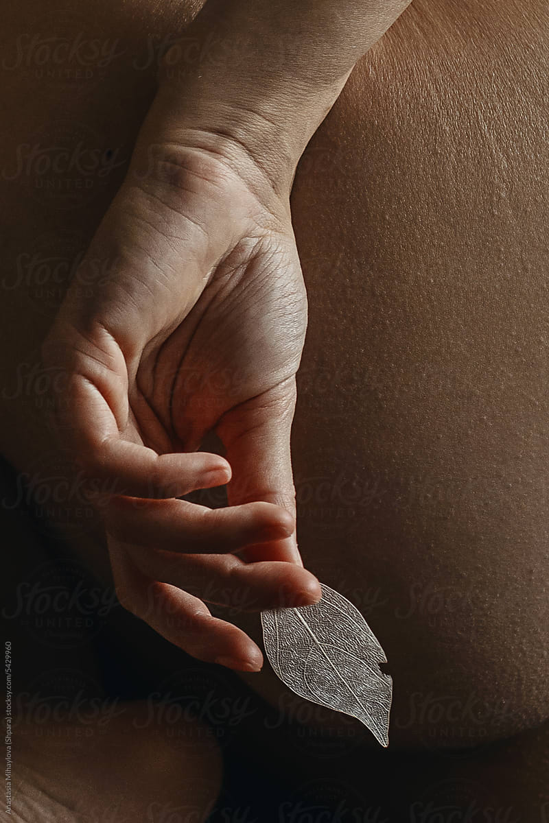 Close Up photo of woman\'s hand holds a white leaf with her fingers