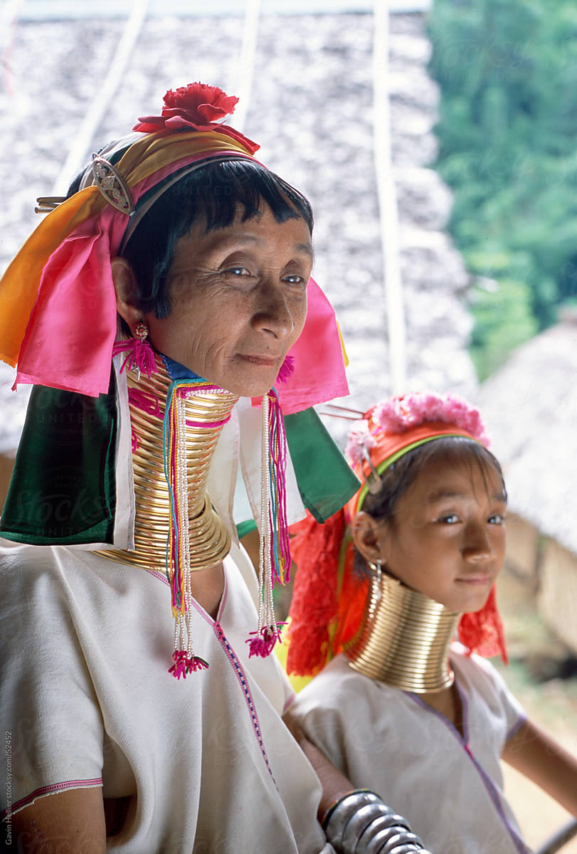 Portrait of two Long necked Padaung tribe women, Mae Hong Son Province