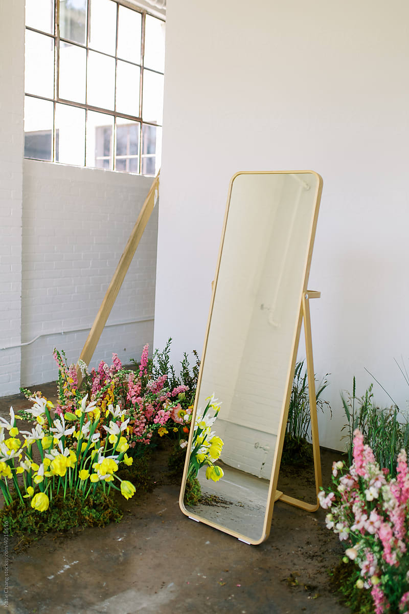 Indoor Floral Arrangement White Studio Wood Mirror