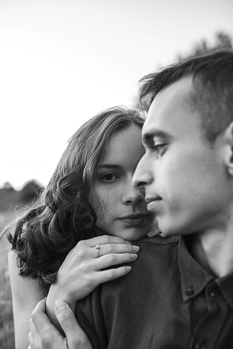 Black and white photo portrait of a couple in love