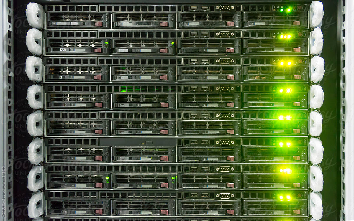 Detail of servers in a rack at a data center