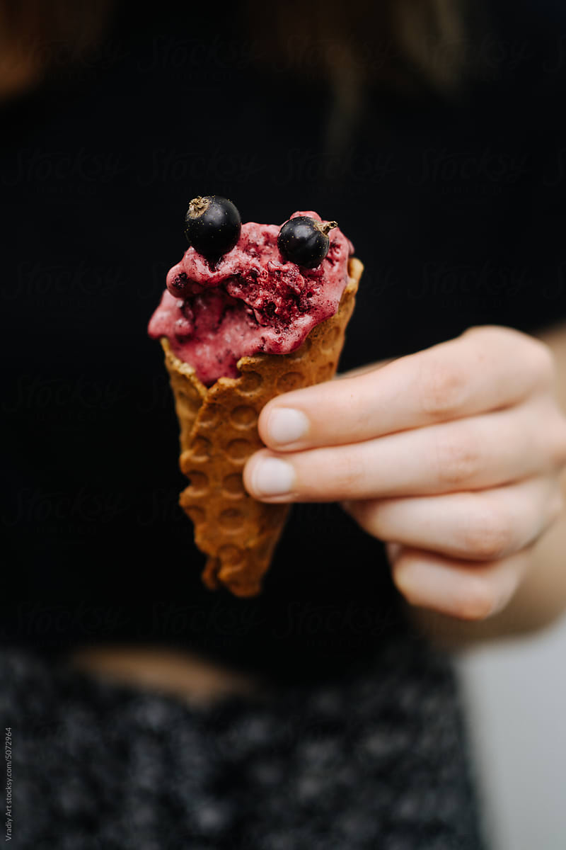 Сurrant ice cream in a waffle cone