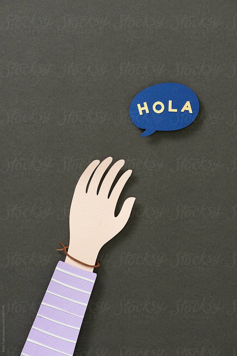 Text Hello, in Spain Hola. Bubble talk phrases.