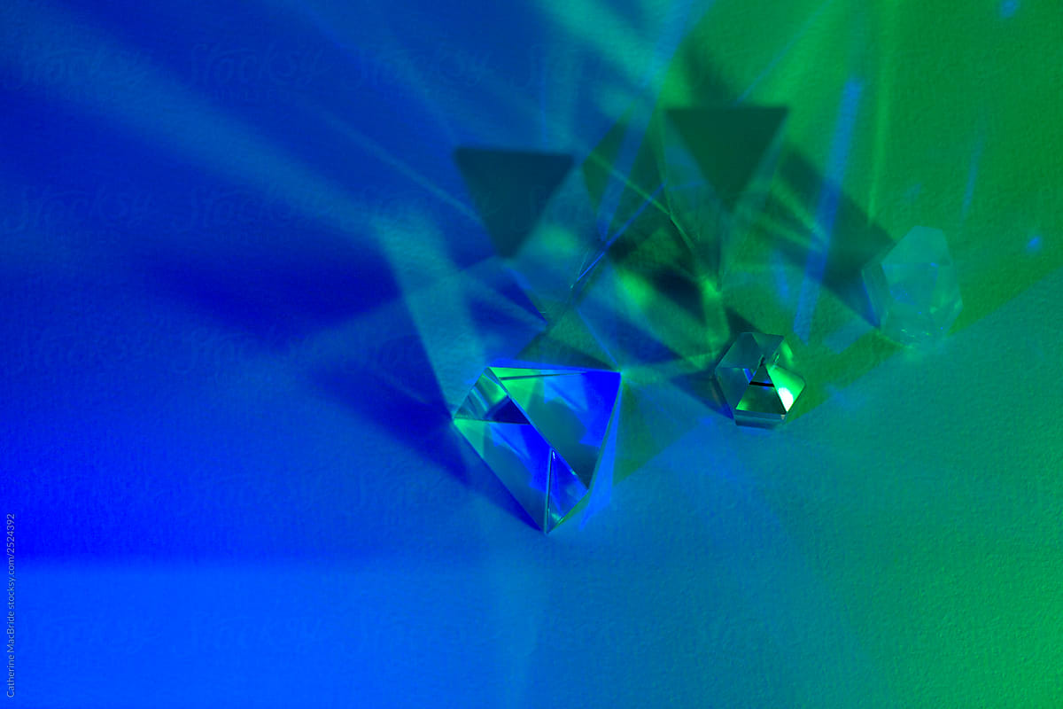 Glass prisms and quartz in green and blue