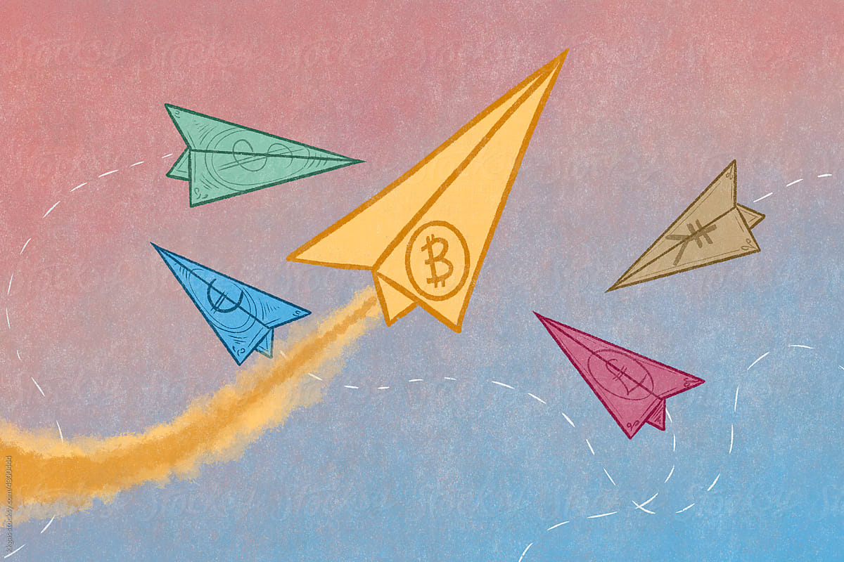 Bitcoin and traditional currency paper planes
