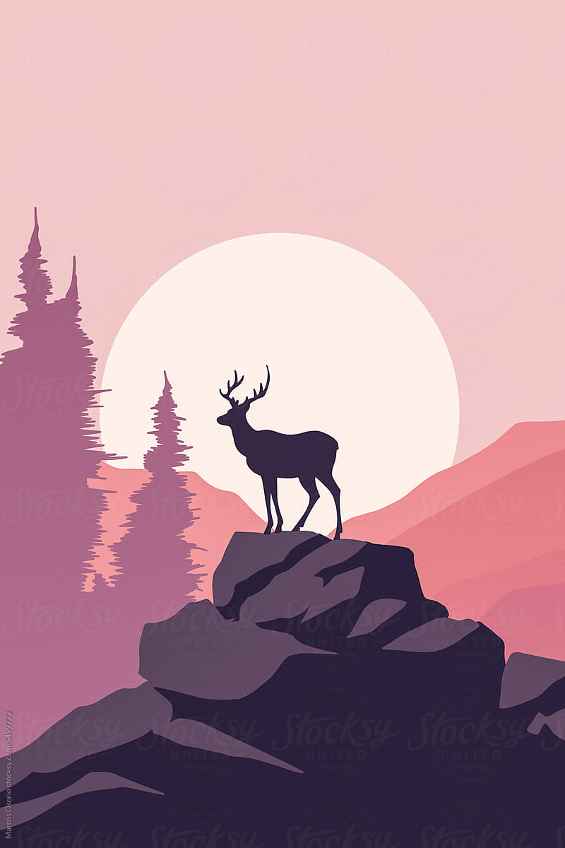 Deer on a rock with the moon in the background