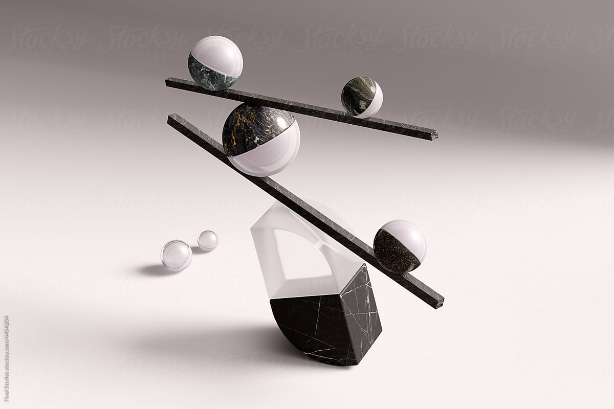 3D glass and stone geometric shapes balance concept
