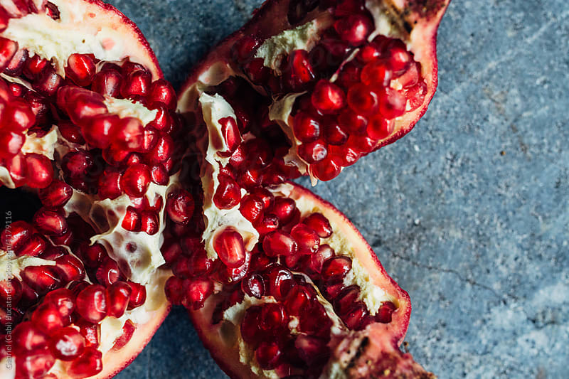 Close up of an opened pomegranate from above