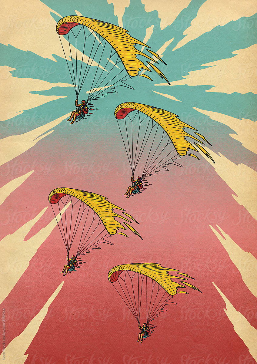 Paragliders Formation Flying In Sky With Clouds