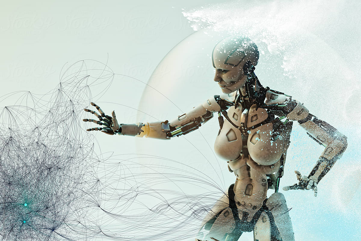 Female white cyborg reaching out to touch graphical pattern