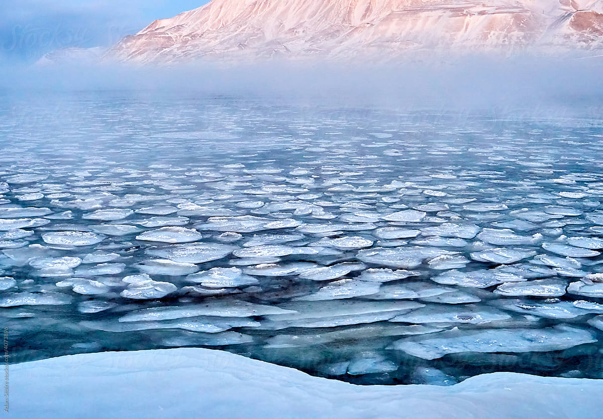 Arctic ocean sea ice forming near North Pole, Svalbard