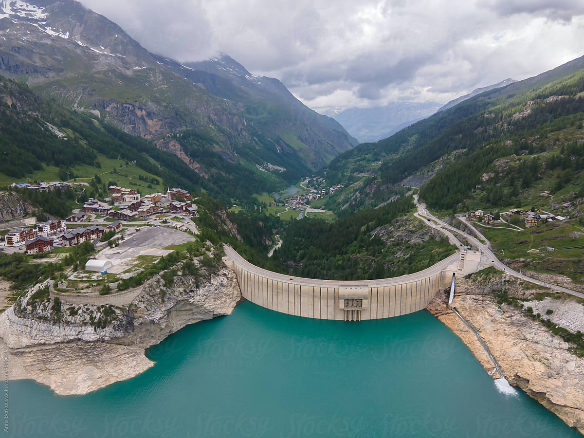 renewable energy, water dam aerial view in Tignes, France