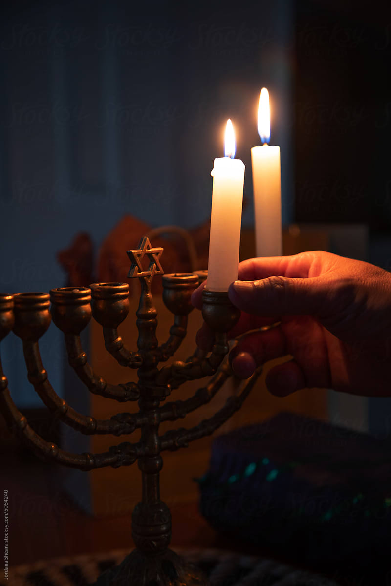 Hanukkah menorah with lit candles